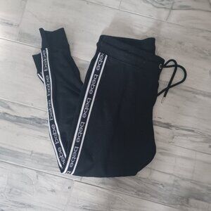 BEBE Sport Logo on both Sides Black/White Joggers Drawstring Cuff Bottoms Large